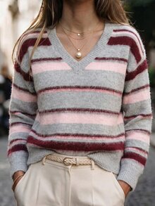 SHEIN Grey Plaid Soft Knit Long Sleeve V-Neck Pullover Sweater Everyday Family Fall Retro Vintage 70s Casual - Multicolor - View 4