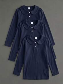 SHEIN 女童白色3件組長袖 Polo 衫，彼得潘領精緻愛心鈕扣，長袖 T-shirt，基本純色修身 T-shirt，適合返校季 - 藏蓝色 - 查看 7