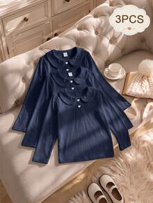 SHEIN 女童白色3件組長袖 Polo 衫，彼得潘領精緻愛心鈕扣，長袖 T-shirt，基本純色修身 T-shirt，適合返校季 - 藏蓝色 - 查看 6