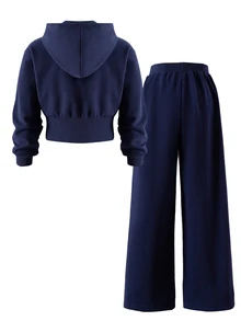 SHEIN Tween Girl Round Neck Loose Fit Casual Daily Black Coat Set Halloween Autumn Fall Style Fall Outfits - Navy Blue - View 3