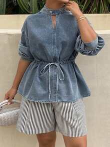 Dazy Plus Autumn Stand Collar Tie Waist Washed Blue Solid Color Loose Cotton Casual Denim Top - Medium Wash - View 3