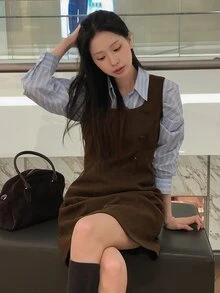 DAZY Solid Color Fitted Waist Tank Dress, Elegant Vacation Korean Style Spring/Autumn Women's Short Dress - Brown - View 2
