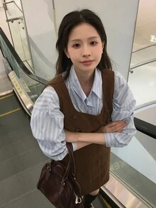 DAZY Solid Color Fitted Waist Tank Dress, Elegant Vacation Korean Style Spring/Autumn Women's Short Dress - Brown - View 3