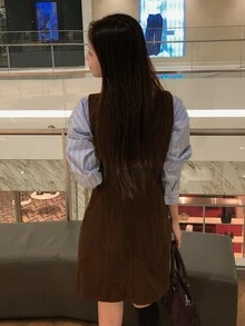 DAZY Solid Color Fitted Waist Tank Dress, Elegant Vacation Korean Style Spring/Autumn Women's Short Dress - Brown - View 7