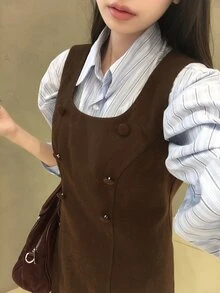 DAZY Solid Color Fitted Waist Tank Dress, Elegant Vacation Korean Style Spring/Autumn Women's Short Dress - Brown - View 5