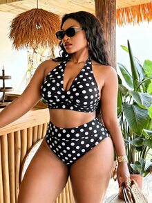 SHEIN Swim Curve Plus Size Women's Summer Beach Halter Neck Two-Piece Polka Dot Print Bikini Set Set - Multicolor - View 7