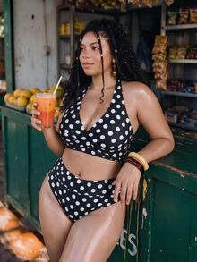 SHEIN Swim Curve Plus Size Women's Summer Beach Halter Neck Two-Piece Polka Dot Print Bikini Set Set - Multicolor - View 1