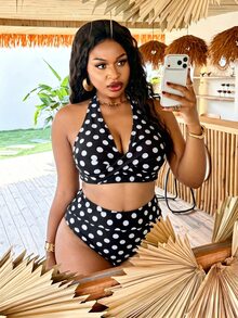 SHEIN Swim Curve Plus Size Women's Summer Beach Halter Neck Two-Piece Polka Dot Print Bikini Set Set - Multicolor - View 4