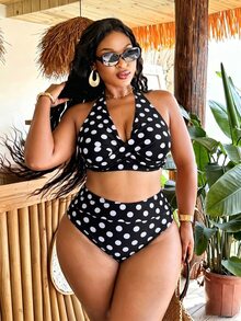 SHEIN Swim Curve Plus Size Women's Summer Beach Halter Neck Two-Piece Polka Dot Print Bikini Set Set - Multicolor - View 5