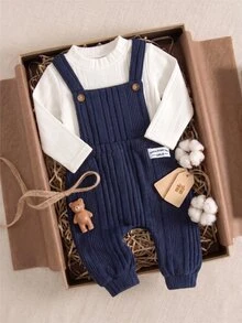 SHEIN 0-3Y Infant Baby 2 Piece Clothes Set, Soft Ribbed Mock Neck Long Sleeve Shirt + Navy Blue Strap Overalls, Newborn Fall Daily Casual Outfit - Multicolor - View 9