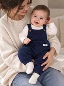 SHEIN 0-3Y Infant Baby 2 Piece Clothes Set, Soft Ribbed Mock Neck Long Sleeve Shirt + Navy Blue Strap Overalls, Newborn Fall Daily Casual Outfit - Multicolor - View 2