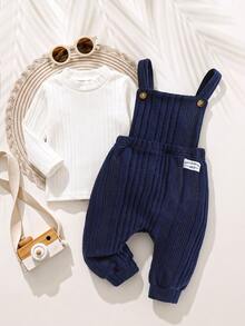 SHEIN 0-3Y Infant Baby 2 Piece Clothes Set, Soft Ribbed Mock Neck Long Sleeve Shirt + Navy Blue Strap Overalls, Newborn Fall Daily Casual Outfit - Multicolor - View 8