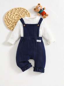 SHEIN 0-3Y Infant Baby 2 Piece Clothes Set, Soft Ribbed Mock Neck Long Sleeve Shirt + Navy Blue Strap Overalls, Newborn Fall Daily Casual Outfit - Multicolor - View 7
