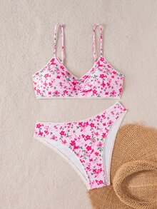 SHEIN Swim Women's Beach Vacation Vacation Ditsy Floral Bikini Set White Flower Summer Tropical - Multicolor - View 4
