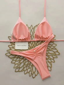 SHEIN Swim 2pcs/Set Halter Triangle Cup Bikini Swimwear For Beach Vacation, Spring/Summer - Coral Orange - View 2