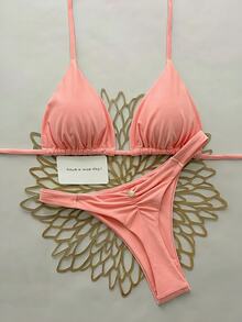 SHEIN Swim 2pcs/Set Halter Triangle Cup Bikini Swimwear For Beach Vacation, Spring/Summer - Coral Orange - View 1