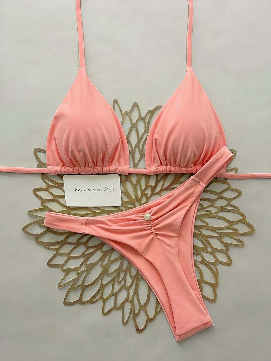 SHEIN Swim 2pcs/Set Halter Triangle Cup Bikini Swimwear For Beach Vacation, Spring/Summer - Coral Orange - View 1