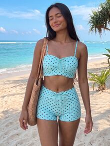 SHEIN Swim 女款夏季海灘波點印花時尚比基尼兩件式泳衣套裝，隨機印花 - 彩色 - 查看 7