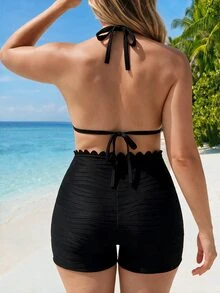 SHEIN Swim 2026 Spring/Summer New Plus Size Swimwear Set With Special Fabric, Shell Trim And Cut-Out Lace For Women - Black - View 2