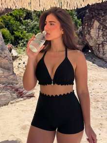 SHEIN Swim 2026 Spring/Summer New Plus Size Swimwear Set With Special Fabric, Shell Trim And Cut-Out Lace For Women - Black - View 1