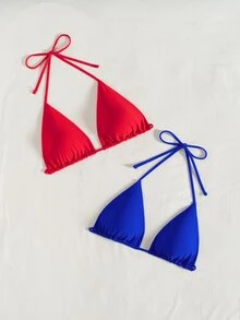 SHEIN Swim 2pcs Women's Minimalist Solid Color Backless Tie-Front Bikini Top, Suitable For Beach & Holiday - Multicolor - View 4