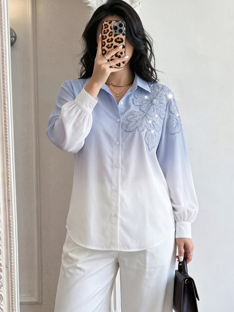 Seusyu Women's Autumn/Winter Gradient Color Collared Long Sleeve Blouse With Heavy Beaded Floral Embroidery, Loose Fit, Dropped Shoulder Lantern Sleeves - Multicolor - View 1