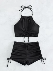 SHEIN Swim Bikini Halter Con Cordón Liso De Playa De Verano - Negro - Ver 5