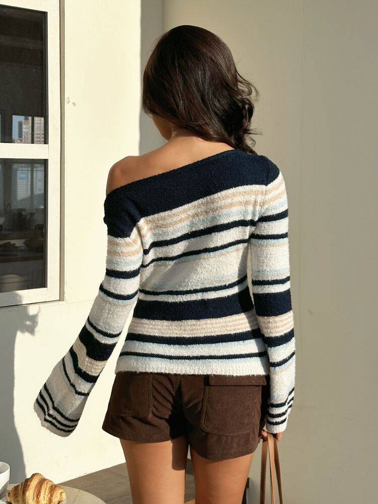 Autumina Women's Casual Versatile Fitted Contrast Color Striped Bell Sleeve Daily Commute Outfit Autumn/Winter Asymmetrical Shoulder/Regular Shoulder Sweater - Multicolor - View 2