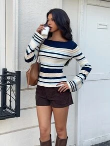 Autumina Women's Casual Versatile Fitted Contrast Color Striped Bell Sleeve Daily Commute Outfit Autumn/Winter Asymmetrical Shoulder/Regular Shoulder Sweater - Multicolor - View 7