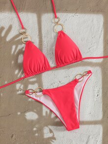 SHEIN Swim 纯色性感比基尼泳衣，适合海滩度假 - 西瓜粉 - 查看 7