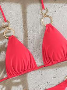 SHEIN Swim 纯色性感比基尼泳衣，适合海滩度假 - 西瓜粉 - 查看 8