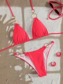 SHEIN Swim 纯色性感比基尼泳衣，适合海滩度假 - 西瓜粉 - 查看 5