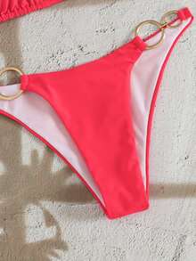 SHEIN Swim 纯色性感比基尼泳衣，适合海滩度假 - 西瓜粉 - 查看 9