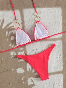 SHEIN Swim 纯色性感比基尼泳衣，适合海滩度假 - 西瓜粉 - 查看 6