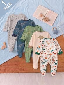 嬰兒 (隨機 5-in-1) 柔軟舒適新生兒套裝，多色可選 (藍色、綠色、卡其色) 與 (多款恐龍圖案)；秋季 - 白色 - 查看 2