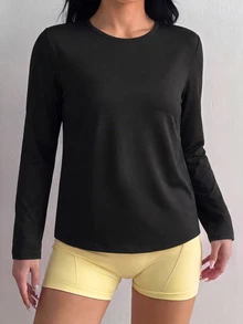 Easithlete Easithlete Women's Long Sleeve Sports Sporty Athletic T-Shirt With Geometric Mesh Patchwork Back Gym Black Fall - Black - View 4