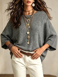 SHEIN 休閒寬鬆圓領 3/4 袖針織基本款蝙蝠袖設計深灰色女款秋季針織上衣，秋季穿搭，外出上衣，基本款上衣，新年 - 灰色 - 查看 8
