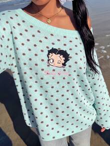 Betty Boop x SHEIN SHEIN EZwear 女款甜美貼花刺繡可愛長袖針織衫街頭風 - 彩色 - 查看 4
