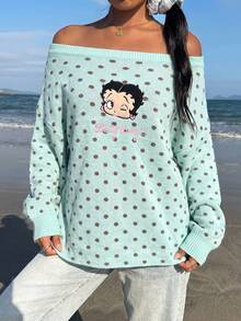 Betty Boop x SHEIN SHEIN EZwear 女款甜美貼花刺繡可愛長袖針織衫街頭風 - 彩色 - 查看 3