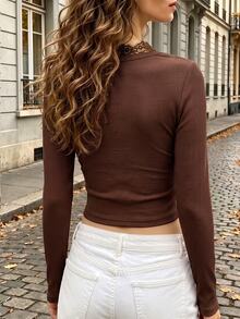 Cévolie Women's Elegant French Style Lace Patchwork Button-Front Cardigan Top - Brown - View 4