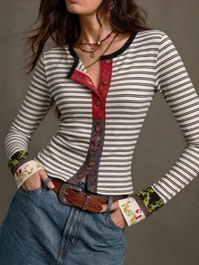 SHEIN Women Fall Winter Western Tops, Fair Isle Graphic Tees, Button-Up Navy And White Top For Casual Daily, Country Concert, Christmas Festival - Apricot - View 7