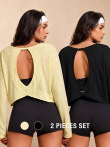 VARSIVA Women's Black & Light Yellow Solid 2-Piece Sports Vest & T-Shirt Set, Soft Stretch Knit, Open-Back, For Fitness, Daily Wear, Yoga & Casual Occasions - Multicolor - View 1