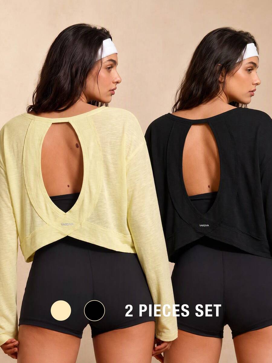 VARSIVA Women's Black & Light Yellow Solid 2-Piece Sports Vest & T-Shirt Set, Soft Stretch Knit, Open-Back, For Fitness, Daily Wear, Yoga & Casual Occasions - Multicolor - View 1