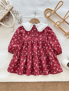 Cozy Pixies فستان كاجوال للبنات الصغيرات منسوج بنقوش زهرية وتصميم رقعات بألوان متباينة مع كشكشة وياقة بيتر بان - متعدد الألوان - مشاهدة 2
