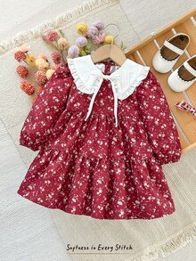 Cozy Pixies فستان كاجوال للبنات الصغيرات منسوج بنقوش زهرية وتصميم رقعات بألوان متباينة مع كشكشة وياقة بيتر بان - متعدد الألوان - مشاهدة 6