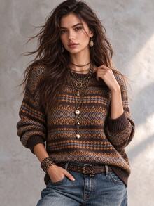 Trelyra Women's All-Over Print Casual Daily Long Sleeve Sweater - Multicolor - View 1