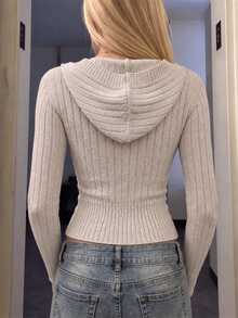 IslaSuriya Apricot Hooded Horn Button Short Waist-Cinching Vintage Preppy Knit Top - Apricot - View 2