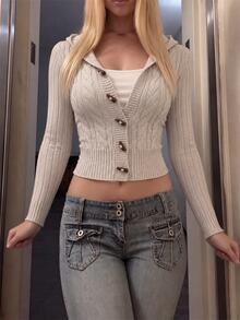 IslaSuriya Apricot Hooded Horn Button Short Waist-Cinching Vintage Preppy Knit Top - Apricot - View 1