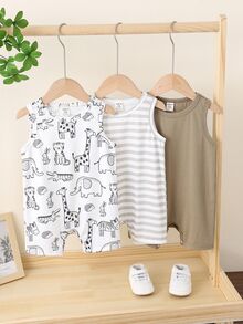 3pcs Newborn Baby Boy Summer Cute Cartoon & Stripe Knitted Romper Set - Multicolor - View 7