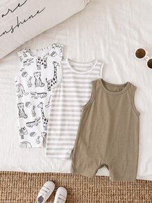 3pcs Newborn Baby Boy Summer Cute Cartoon & Stripe Knitted Romper Set - Multicolor - View 8